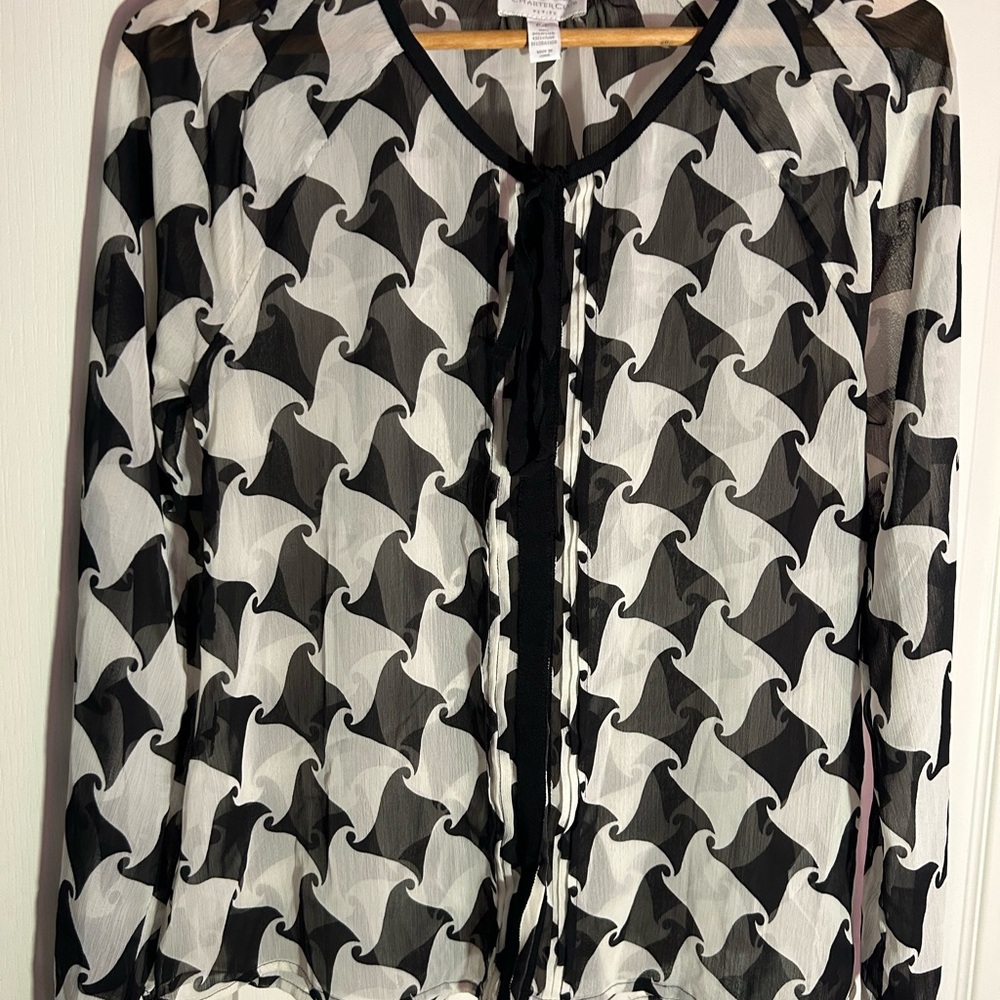 Charter Club Black and White Graphic Tie Front Blouse